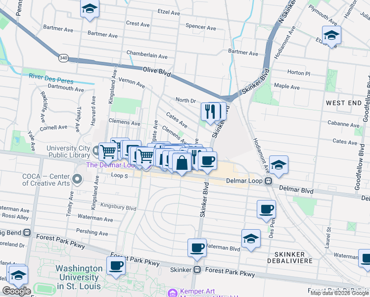 map of restaurants, bars, coffee shops, grocery stores, and more near 6261 Clemens Avenue in University City