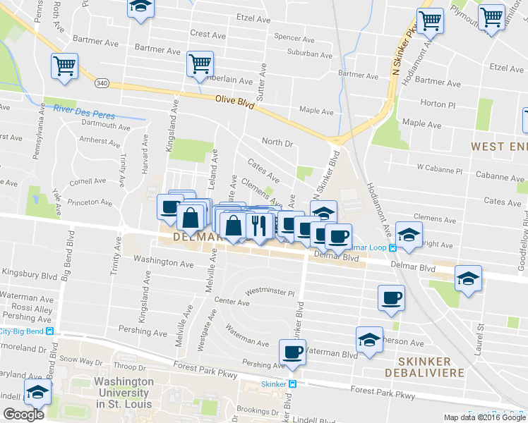map of restaurants, bars, coffee shops, grocery stores, and more near in University City