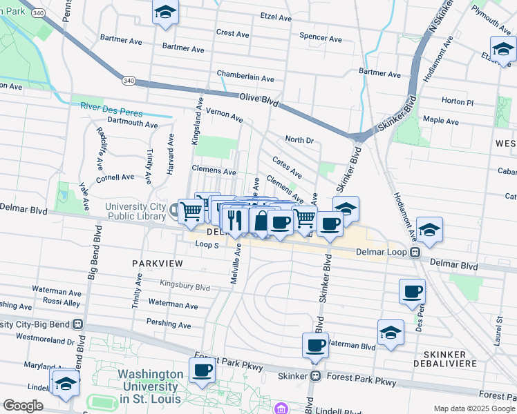 map of restaurants, bars, coffee shops, grocery stores, and more near 735 Westgate Avenue in University City