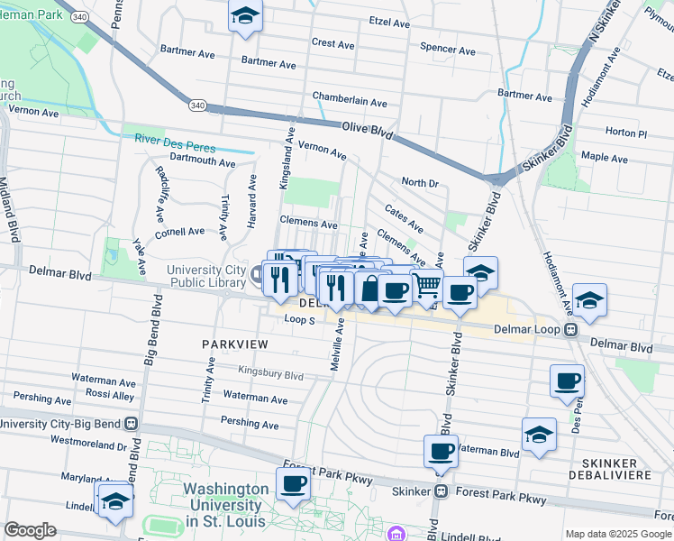 map of restaurants, bars, coffee shops, grocery stores, and more near 735 Leland Avenue in University City