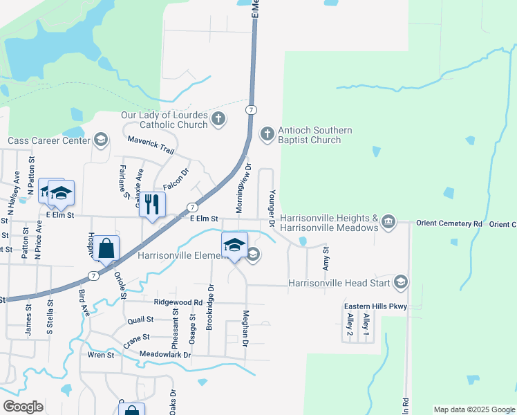map of restaurants, bars, coffee shops, grocery stores, and more near 613 Morningview Street in Harrisonville