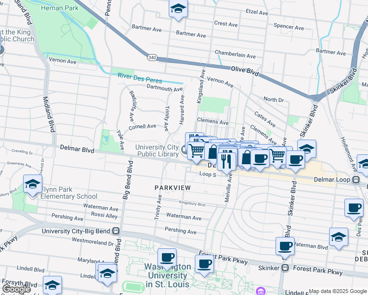 map of restaurants, bars, coffee shops, grocery stores, and more near 723 Kingsland Avenue in University City