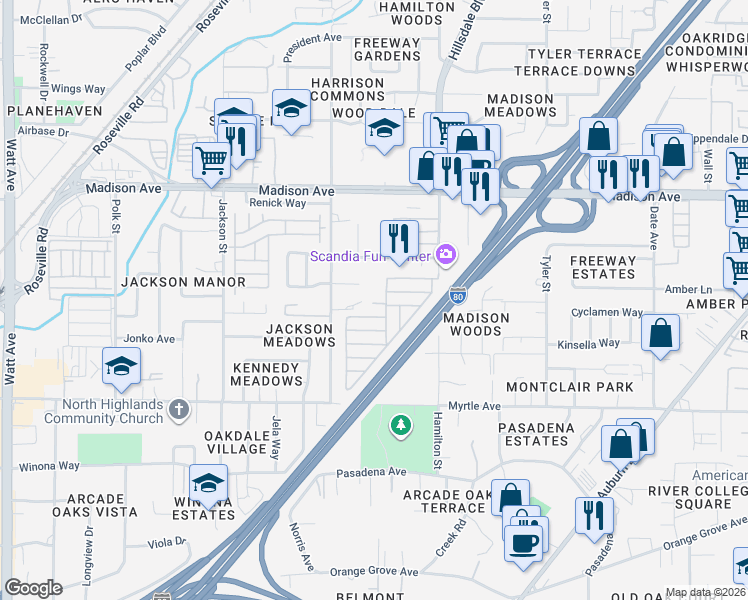 map of restaurants, bars, coffee shops, grocery stores, and more near 5060 Valley Forge Lane in North Highlands