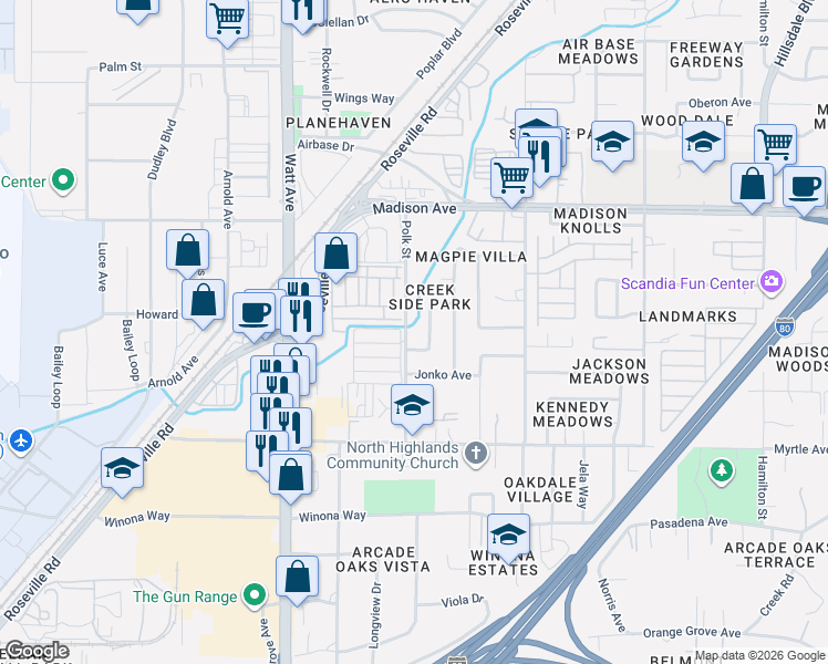 map of restaurants, bars, coffee shops, grocery stores, and more near 4978 Polk Street in North Highlands