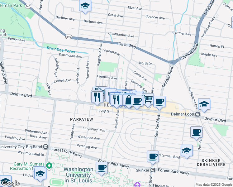 map of restaurants, bars, coffee shops, grocery stores, and more near 718 Leland Avenue in St. Louis