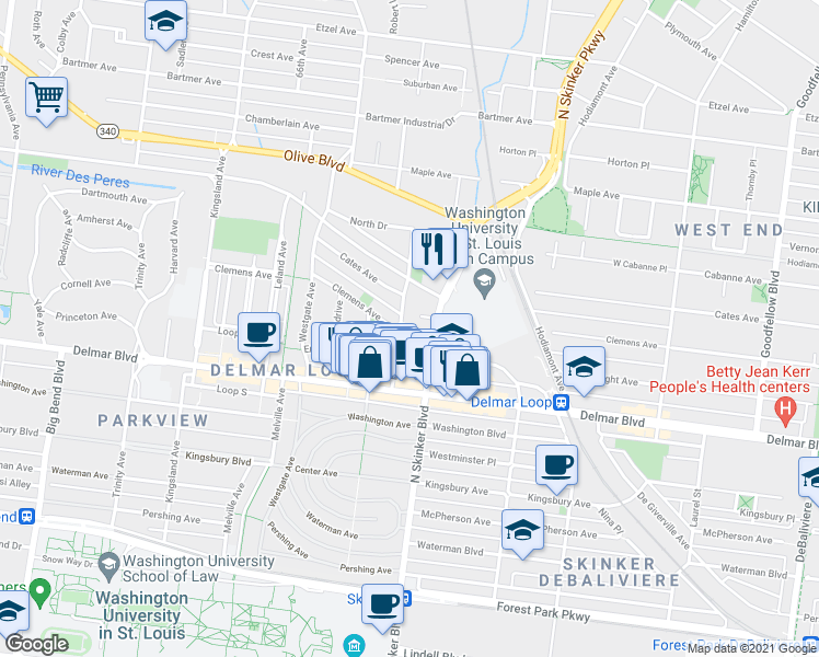 map of restaurants, bars, coffee shops, grocery stores, and more near 736 Eastgate Avenue in St. Louis