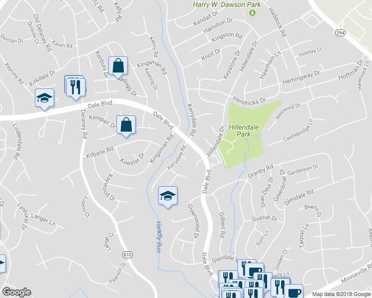 map of restaurants, bars, coffee shops, grocery stores, and more near 13603 Kerrydale Road in Woodbridge
