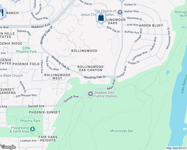 map of restaurants, bars, coffee shops, grocery stores, and more near 9290 South Ravine Lane in Fair Oaks
