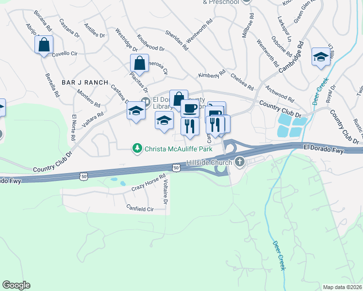 map of restaurants, bars, coffee shops, grocery stores, and more near 2526 Greenwood Lane in Cameron Park