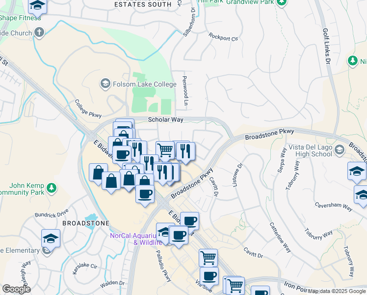 map of restaurants, bars, coffee shops, grocery stores, and more near 530 Kilsyth Court in Folsom