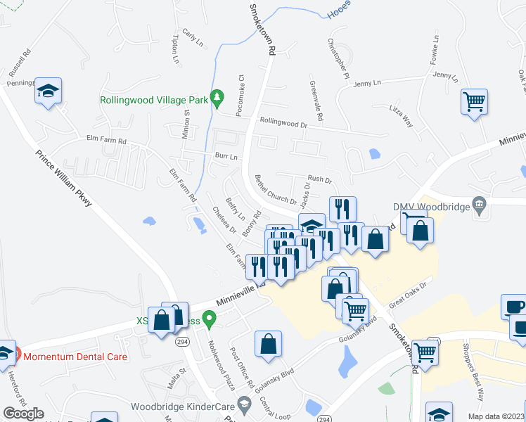 map of restaurants, bars, coffee shops, grocery stores, and more near 3446 Brookville Lane in Woodbridge
