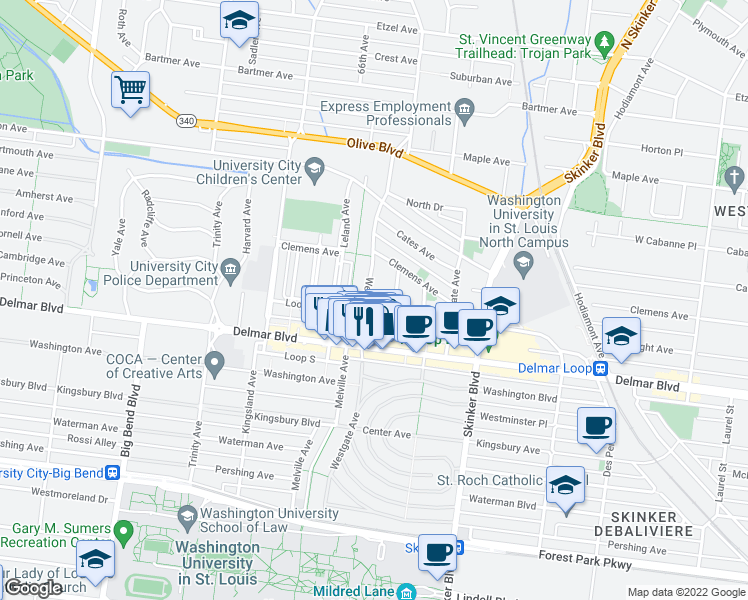 map of restaurants, bars, coffee shops, grocery stores, and more near 735 Westgate Avenue in University City