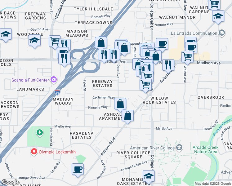 map of restaurants, bars, coffee shops, grocery stores, and more near 4515 Freeway Circle in Sacramento