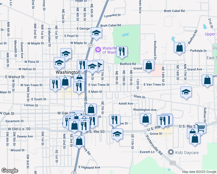 map of restaurants, bars, coffee shops, grocery stores, and more near 100-198 Northeast 8th Street in Washington