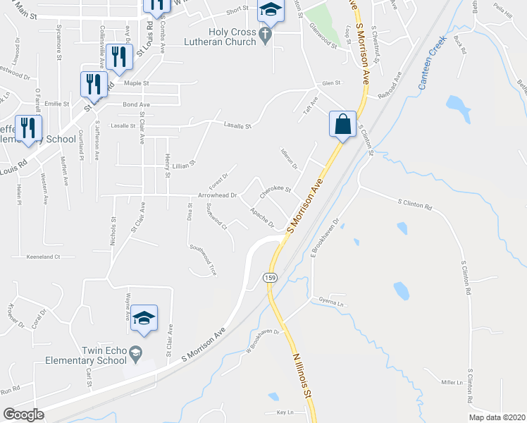map of restaurants, bars, coffee shops, grocery stores, and more near 1102 Arrowhead Drive in Collinsville