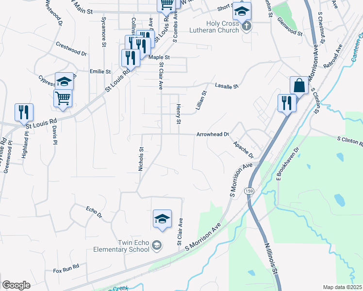map of restaurants, bars, coffee shops, grocery stores, and more near 602 Arrowhead Drive in Collinsville