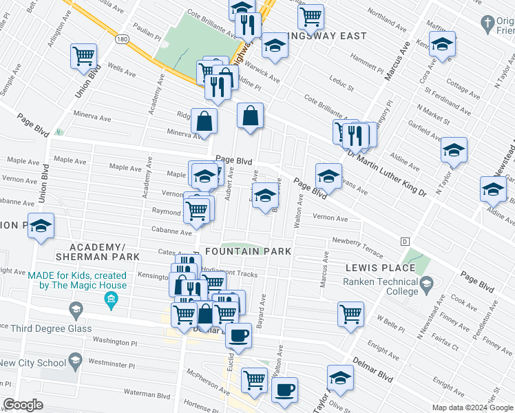 map of restaurants, bars, coffee shops, grocery stores, and more near 1227 North Euclid Avenue in St. Louis