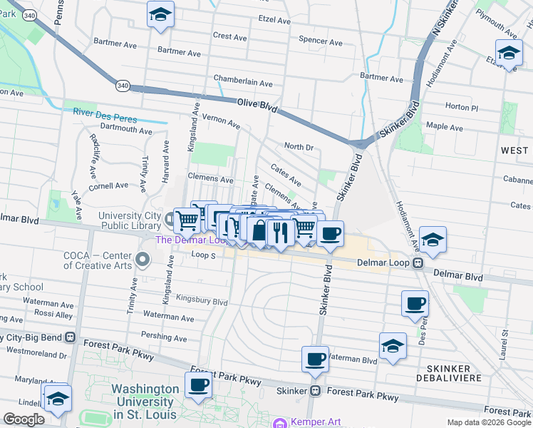 map of restaurants, bars, coffee shops, grocery stores, and more near in University City