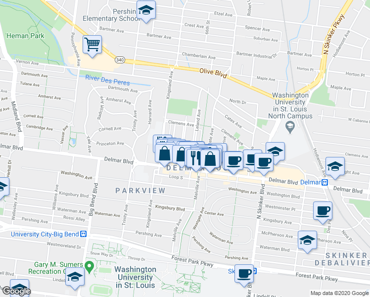 map of restaurants, bars, coffee shops, grocery stores, and more near 735 Leland Avenue in University City