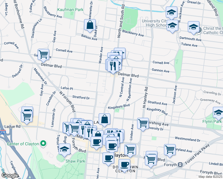 map of restaurants, bars, coffee shops, grocery stores, and more near 520 North and South Road in University City