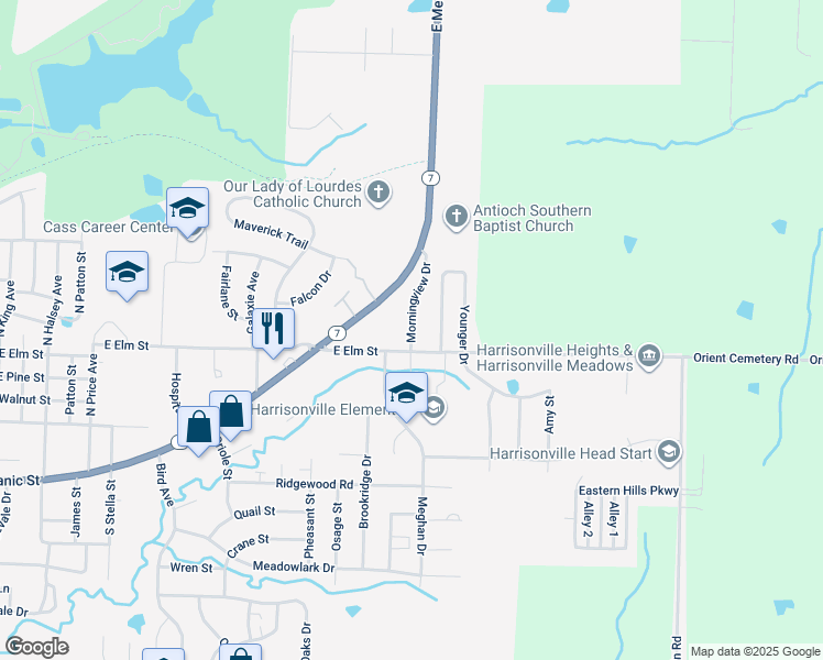 map of restaurants, bars, coffee shops, grocery stores, and more near 613 Morningview Street in Harrisonville