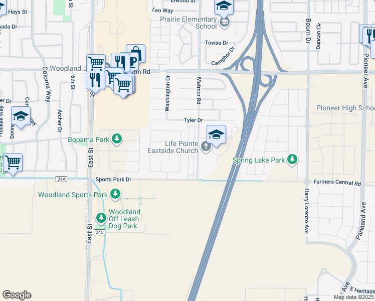 map of restaurants, bars, coffee shops, grocery stores, and more near 1371 Hadley Drive in Woodland