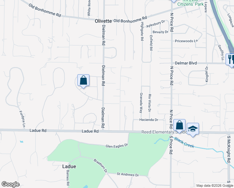 map of restaurants, bars, coffee shops, grocery stores, and more near 1 Graybridge Lane in St. Louis