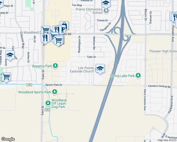 map of restaurants, bars, coffee shops, grocery stores, and more near 1371 Hadley Drive in Woodland