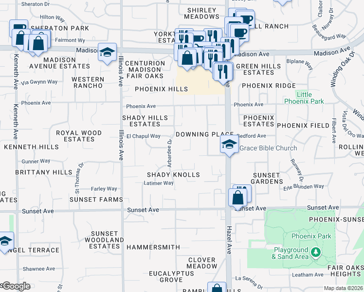 map of restaurants, bars, coffee shops, grocery stores, and more near 8806 Villa Campo Way in Fair Oaks