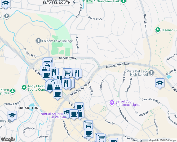 map of restaurants, bars, coffee shops, grocery stores, and more near 672 Hillswick Circle in Folsom