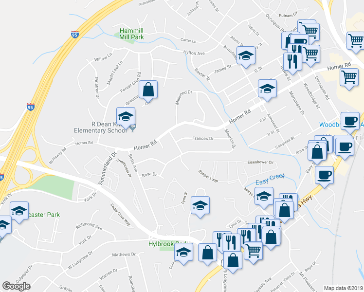 map of restaurants, bars, coffee shops, grocery stores, and more near 13611 Grandview Ave in Woodbridge