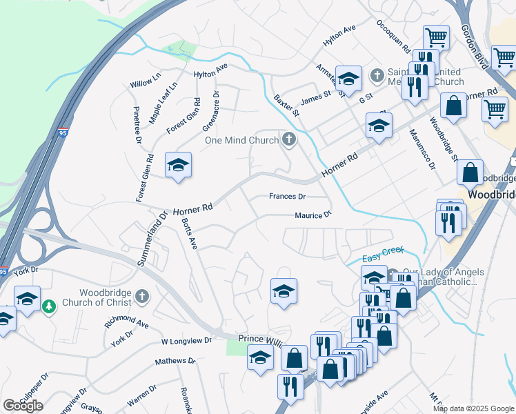 map of restaurants, bars, coffee shops, grocery stores, and more near 13611 Grandview Ave in Woodbridge