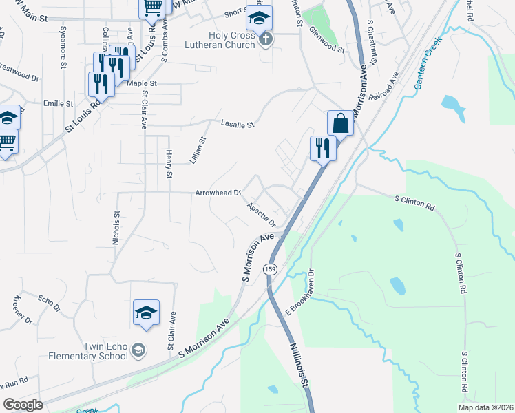 map of restaurants, bars, coffee shops, grocery stores, and more near 1100 Apache Drive in Collinsville