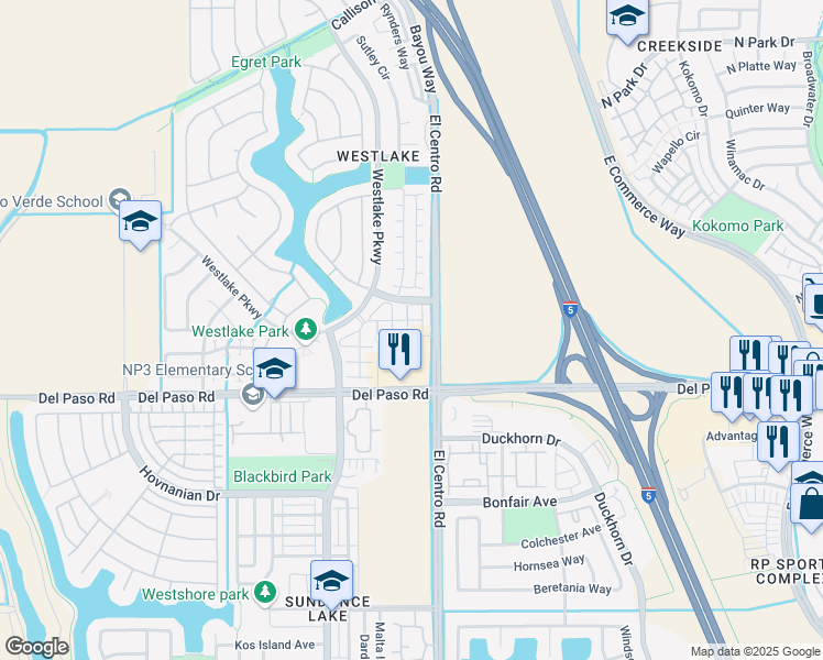 map of restaurants, bars, coffee shops, grocery stores, and more near 4800 Westlake Parkway in Sacramento