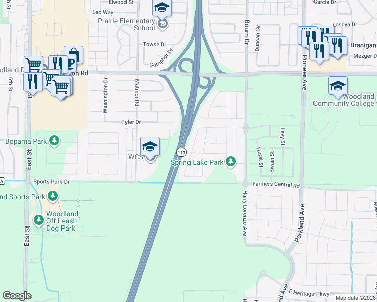 map of restaurants, bars, coffee shops, grocery stores, and more near 1437 Blanchard Drive in Woodland