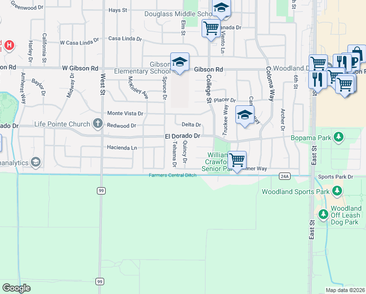 map of restaurants, bars, coffee shops, grocery stores, and more near 1709 Tehama Drive in Woodland