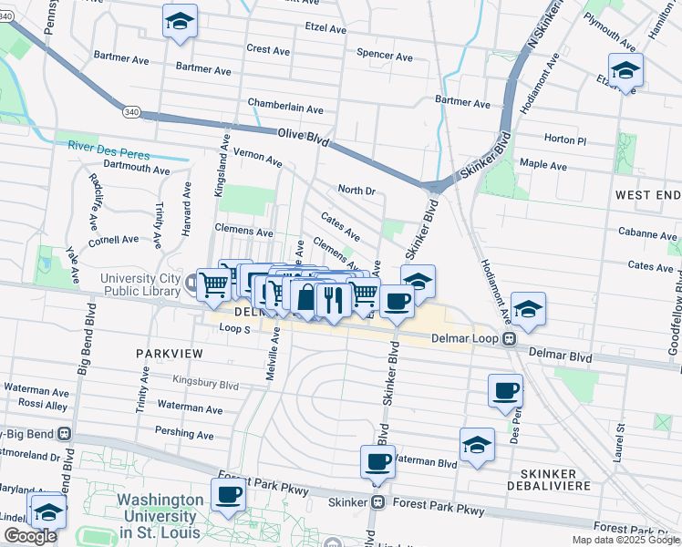 map of restaurants, bars, coffee shops, grocery stores, and more near in University City