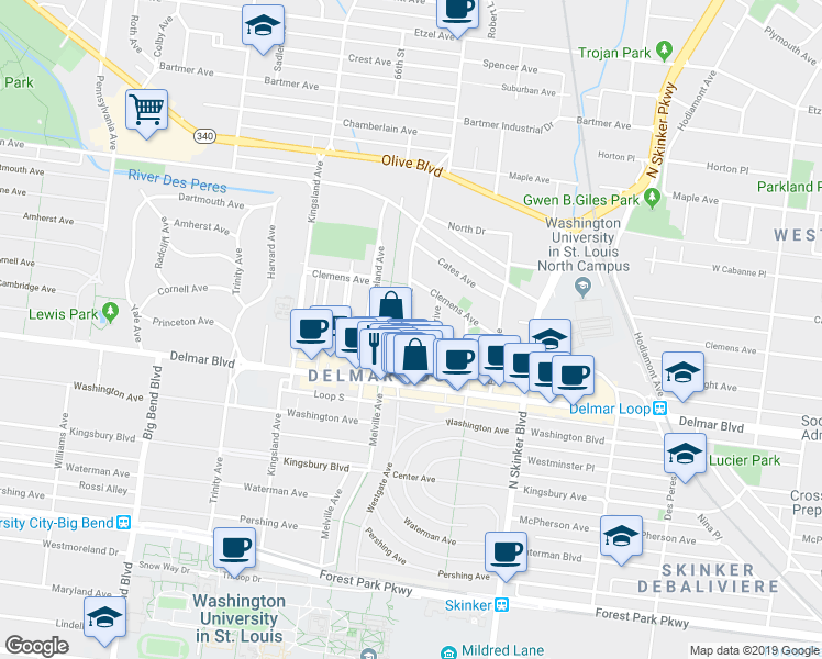 map of restaurants, bars, coffee shops, grocery stores, and more near 720 Westgate Avenue in St. Louis