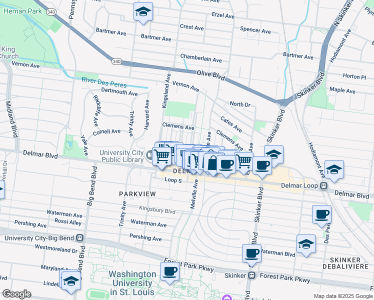 map of restaurants, bars, coffee shops, grocery stores, and more near 735 Leland Avenue in University City