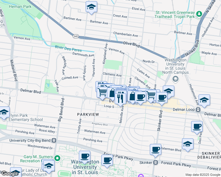 map of restaurants, bars, coffee shops, grocery stores, and more near 734 Syracuse Avenue in University City