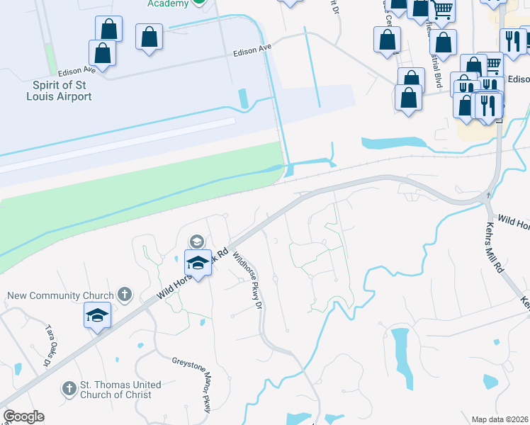 map of restaurants, bars, coffee shops, grocery stores, and more near 17549 Wild Horse Creek Road in Chesterfield
