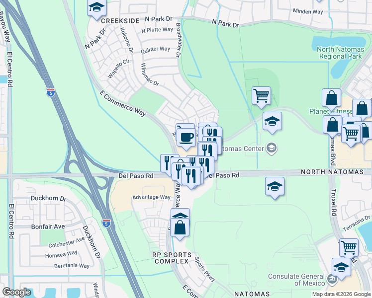 map of restaurants, bars, coffee shops, grocery stores, and more near 2735 Del Paso Road in Sacramento