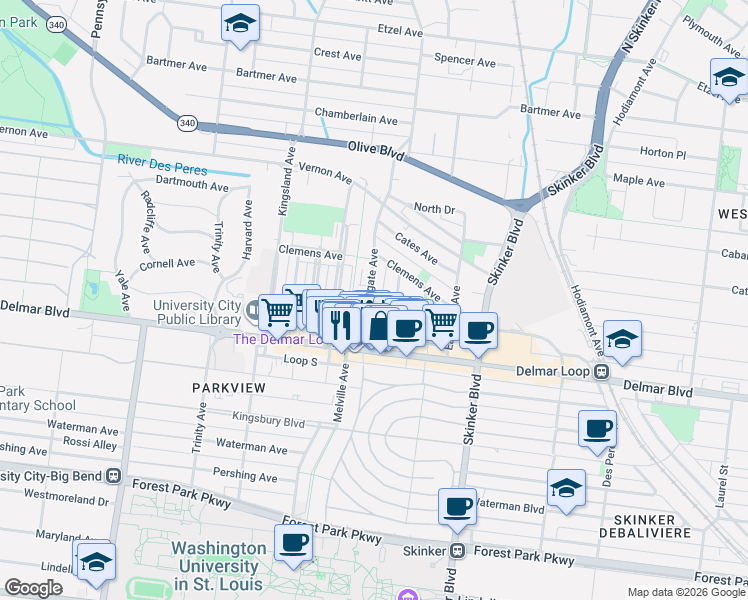 map of restaurants, bars, coffee shops, grocery stores, and more near 735 Westgate Avenue in University City