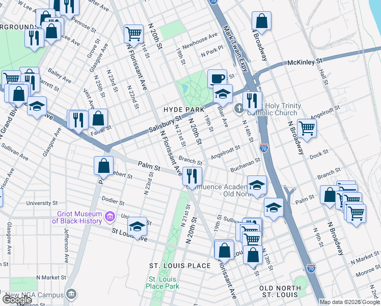 map of restaurants, bars, coffee shops, grocery stores, and more near 2024 Destrehan Street in St. Louis