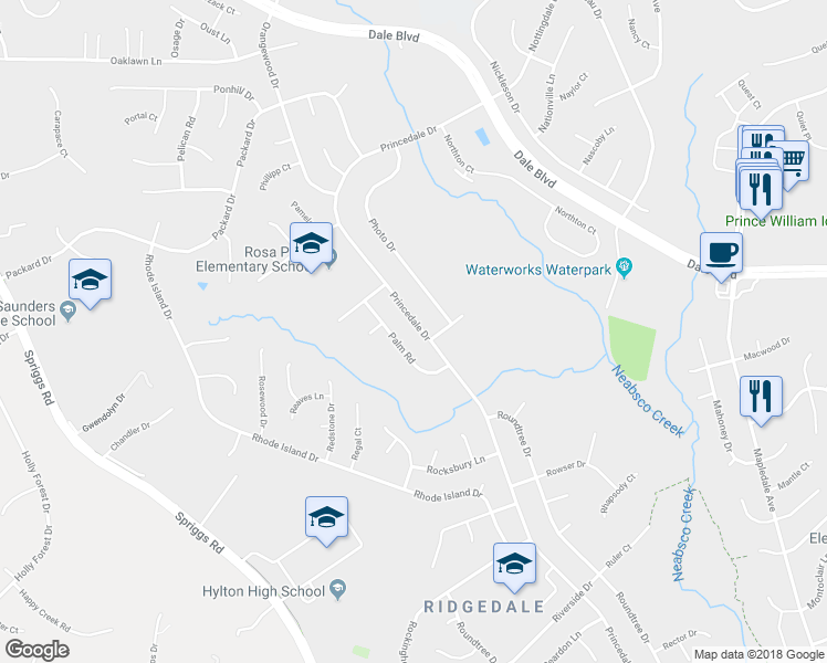 map of restaurants, bars, coffee shops, grocery stores, and more near 13464 Princedale Drive in Woodbridge