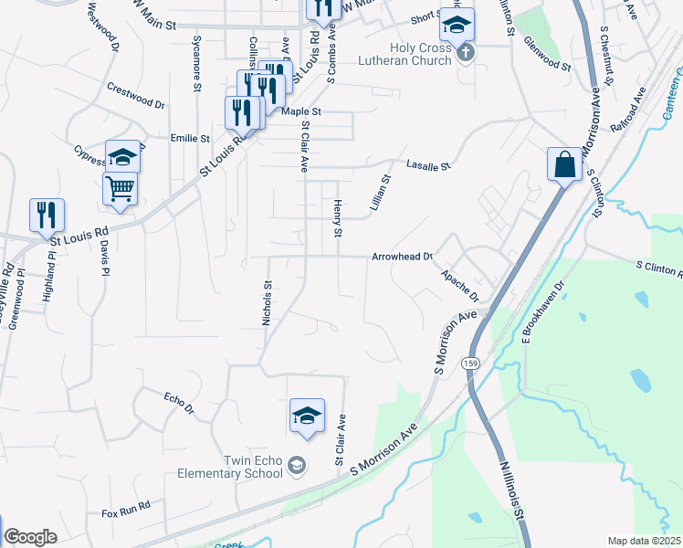 map of restaurants, bars, coffee shops, grocery stores, and more near 908 Henry Street in Collinsville