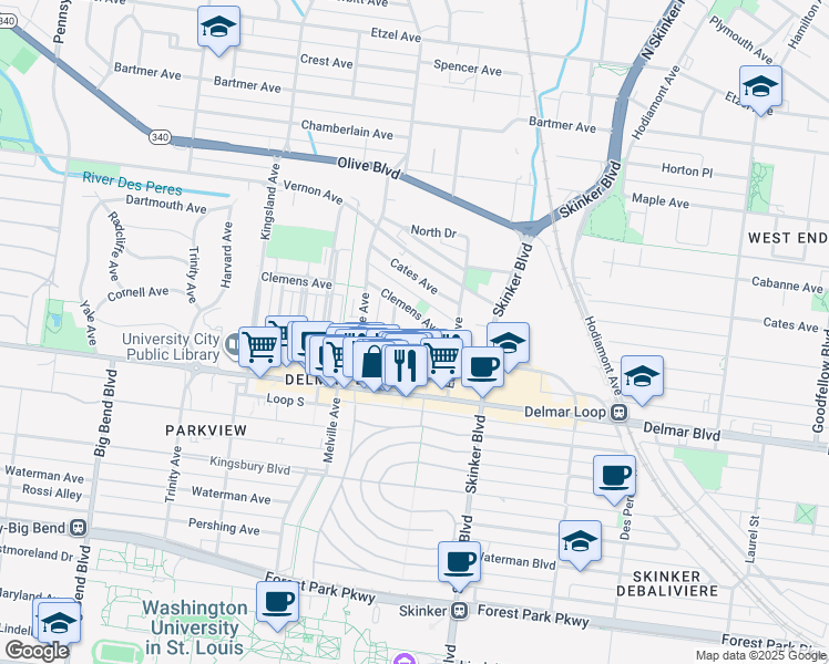 map of restaurants, bars, coffee shops, grocery stores, and more near 727 Limit Avenue in St. Louis