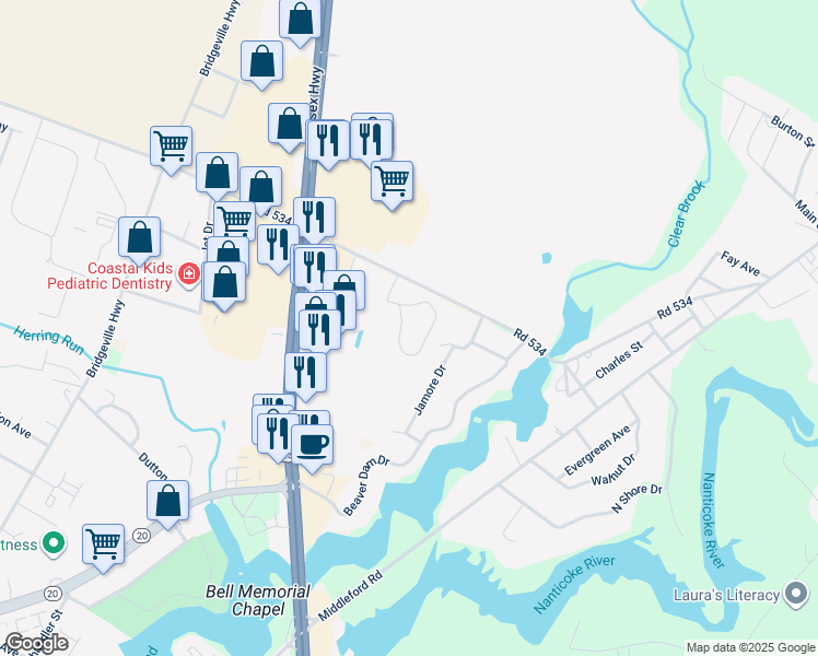 map of restaurants, bars, coffee shops, grocery stores, and more near 23033 Meadow Wood Court in Seaford