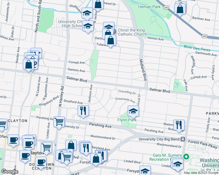 map of restaurants, bars, coffee shops, grocery stores, and more near 7303 Delmar Boulevard in University City