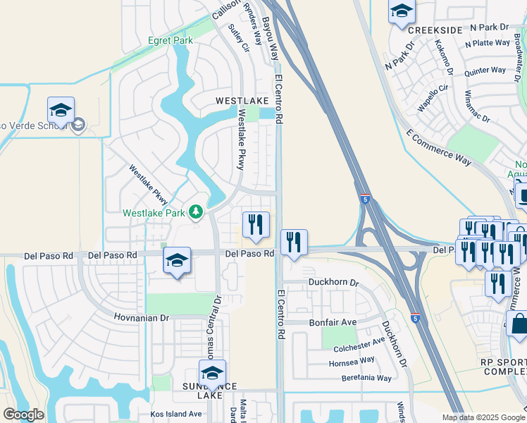 map of restaurants, bars, coffee shops, grocery stores, and more near 4800 Westlake Parkway in Sacramento